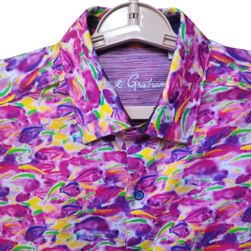 Robert Graham Fishy Business Short Sleeve Button Down Shirt Pink Purple Size M - Picture 5 of 16